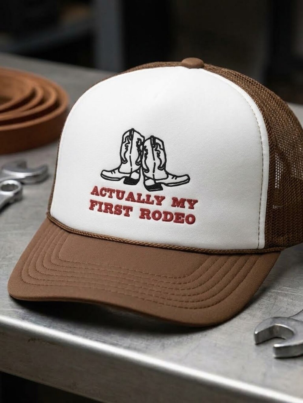 Actually My First Rodeo Hat Brown White Foam Rope Snapback Trucker Cap USA Retro
